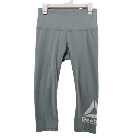 Reebok Capri Leggings M Blue Workout Activewear Wide Waistband Logo Slim Fit Gym - Picture 12 of 12